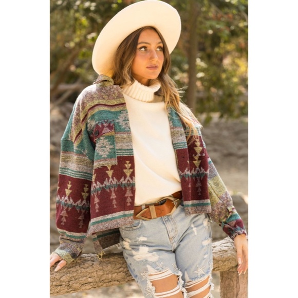Jackets & Blazers - Mellow Gray Aztec Tribal Native Western Button Up Shacket Flannel Shirt Jacket